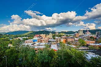 View of mountains and buildings in downtown Asheville, North Car