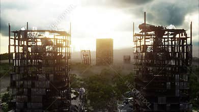 Apocalypse city in fog. Aerial View of the destroyed city. Apocalypse concept. Super realistic 4k animation.