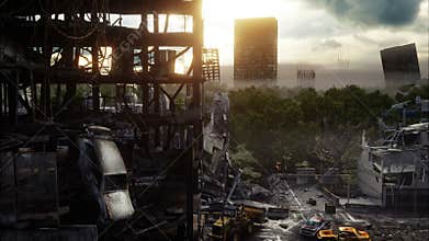 Apocalypse city in fog. Aerial View of the destroyed city. Apocalypse concept. Super realistic 4k animation.