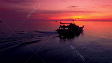 4K Drone; Dive boat at sunset, Koh Tao, Thailand