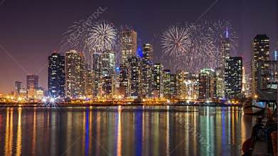 Chicago Skyline on Lake Michigan with Fireworks at Night