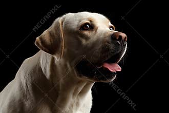 Beautiful Labrador retriever dog in front of isolated black background