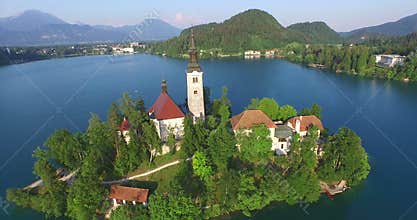 Aerial view of the Assumption of Maria church on lake Bled., Slovenia