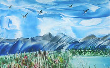 Birds in Flight over Mountain Range