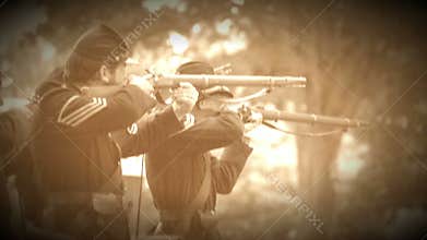 Civil War soldiers shooting into enemy lines (Archive Footage Version)