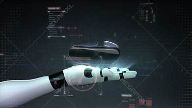 VR glasses with digital interface UI.augmented reality, virtual reality on robot cyborg palm, hand, robot arm.