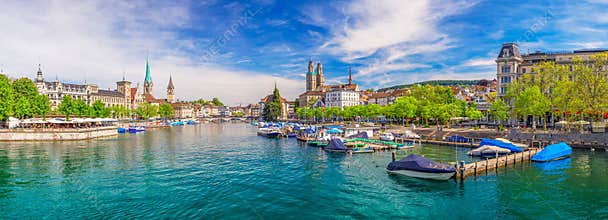 Historic Zurich city center with famous Fraumunster Church and Limmat river