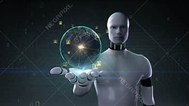 Rotating earth, expanding social network service, media on robot cyborg palm, hand, robot arm,