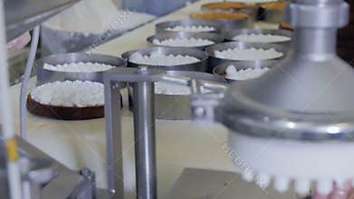 Automated cake production machine. Confectioners working on cakes producing equipment in bakery, cake production line.