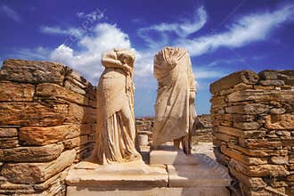 Sculptures of Cleopatra and Dioskourides in The House of Cleopatra, Delos island