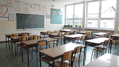 Elementary school interior. Empty school classroom