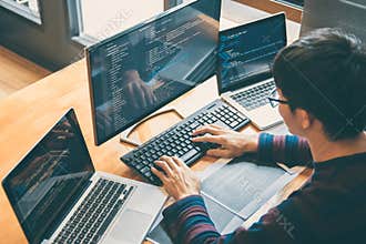 Professional Development programmer working in programming website a software and coding technology, writing codes and data