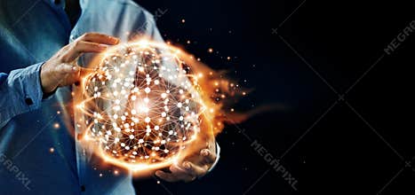 Abstract science. Hands hold hot circle global structure network