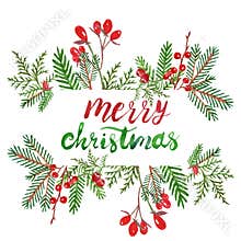 Watercolor Festive Christmas and New Years Winter greenery border with spruce branch, red holly berries