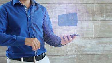 Man activates a conceptual HUD hologram with text Referrals