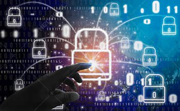 Abstract concept, fingers are touching padlock symbol, With protection of digital identity theft and privacy, Online database and