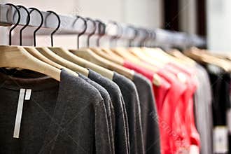 Racks of sweaters and shirts hanging in a store