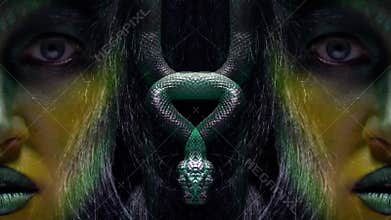 Trippy mirror effect with Medusa Gorgons look, close up