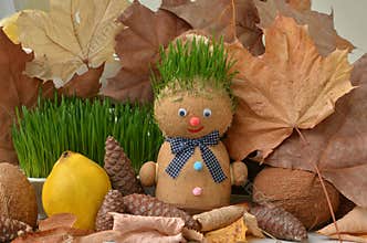 Handmade doll with green grass hair. Autumn still life.