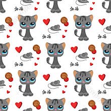 Cat and mouse cute kitty pet cartoon cute animal cattish character seamless pattern background catlike illustration