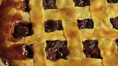Woman cooking cherry pie recipe set