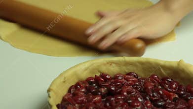 Woman cooking cherry pie recipe set