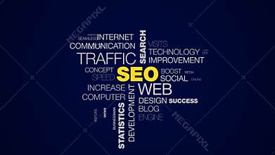 Seo web traffic search optimization ranking analysis website network statistics marketing animated word cloud background