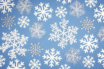 Christmas Pattern white snowflake on blue background. Top view
