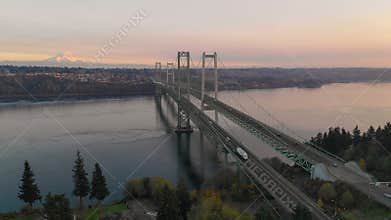 Aerial view Tacoma narrows bridges over puget sound Mount Rainier in the background