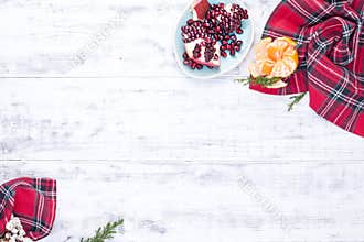 Cutlery, tablecloths and napkins for celebrating Christmas. Free space for text