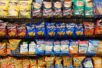 Wide selection of potato chips on shelf display