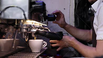 Barista Preparing Coffee On Coffee Machine At Cafe Closeup