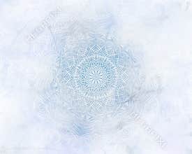 Frosty mystic abstract mandala light blue background.