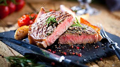 Sliced grilled meat barbecue steak Striploin with knife and fork carving set on black stone slate.