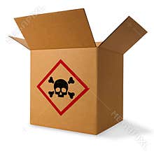 Cardboard box with skull and cross-bones sign
