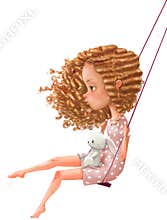 Cute cartoon girl on swing with hare