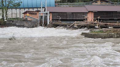 The Serio river swollen after heavy rains. Province of Bergamo, northern Italy
