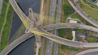 Aerial view of Octavio Frias de Oliveira Bridge, a landmark in Sao Paulo, the biggest city in Brazil