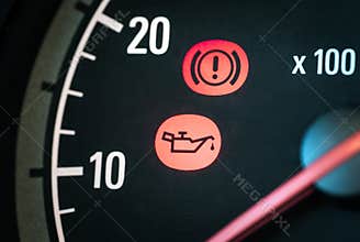 Car with oil and hand break icon. Warning, maintenance and service lights in dashboard.