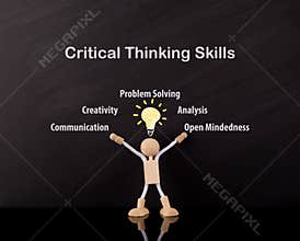 Critical Thinking Skills Concept, Wooden Stick Figure arms up, Big Yellow light bulb sketch