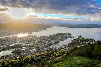 City Scene with Aerial View of Bergen Center and Fjords in The Sunshine