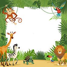 Jungle animals card. Frame animal tropical leaves greeting baby banner zoo border template party children