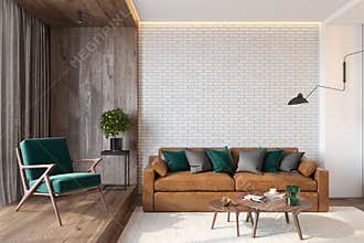 Modern living room interior with brick wall blank wall, sofa, lounge chair, table, wooden wall and floor.