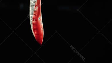 Closeup of a bloodied knife blade on black background