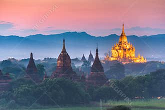 Bagan, Myanmar ancient temple ruins landscape in the archaeological zone