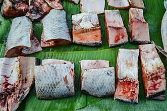 Fresh mekong river fish cuts being sold at morning market