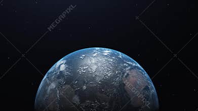Earth from space. No sun in the frame. Flight over the Earth. The earth slowly rotates. Realistic atmosphere. 3D