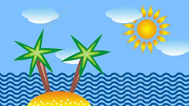 Cartoon seascape with an island, palm tree, sun and clouds.