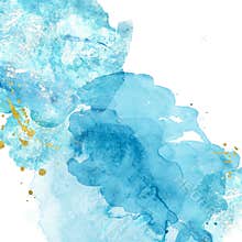 Watercolor abstract background with blue and turquoise  splashes of paint on white.  Hand painted texture. Imitation of sea