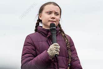 Greta Thunberg speaking to her audience at a demo in Berlin